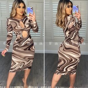 Marble Print Midi Dress - (BROWN)